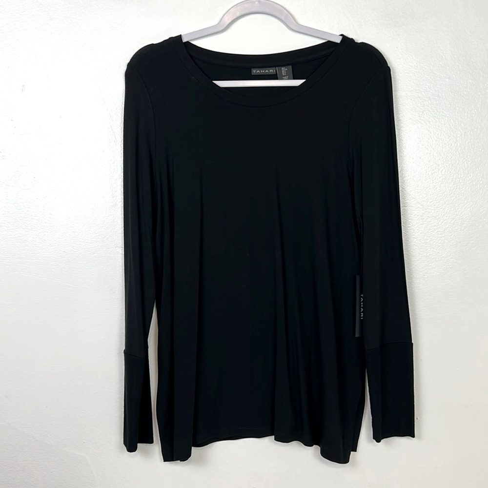 TAHARI New Women’s Large Stretchy Long Sleeve Side Silts Black Top